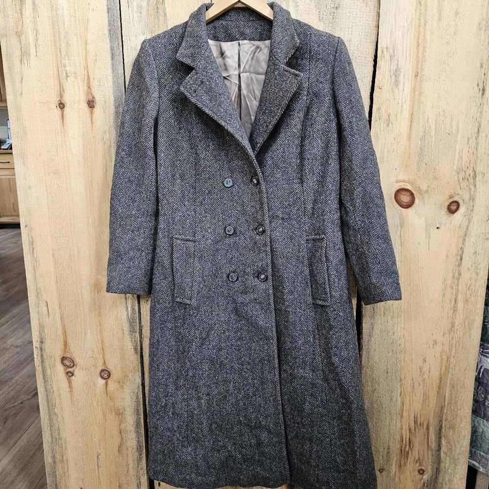 100% Pure Wool Trench Coat Black Gray Tweed Women's M/L Velvet Collar Pockets